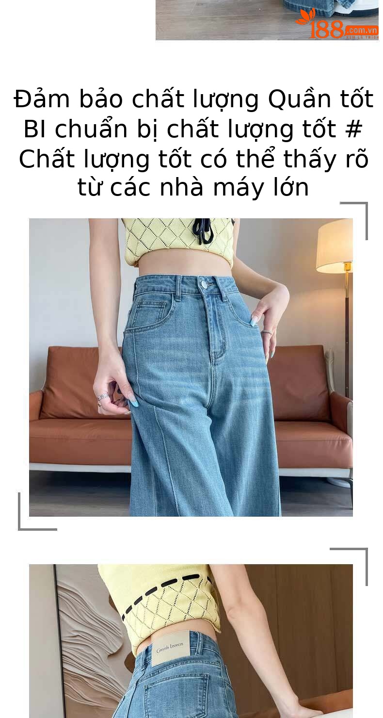 Quần jean nữ ống rộng cạp cao co giãn xẻ tà màu xanh nhạt — Màu xanh nhạt - Extended chi tiết 8