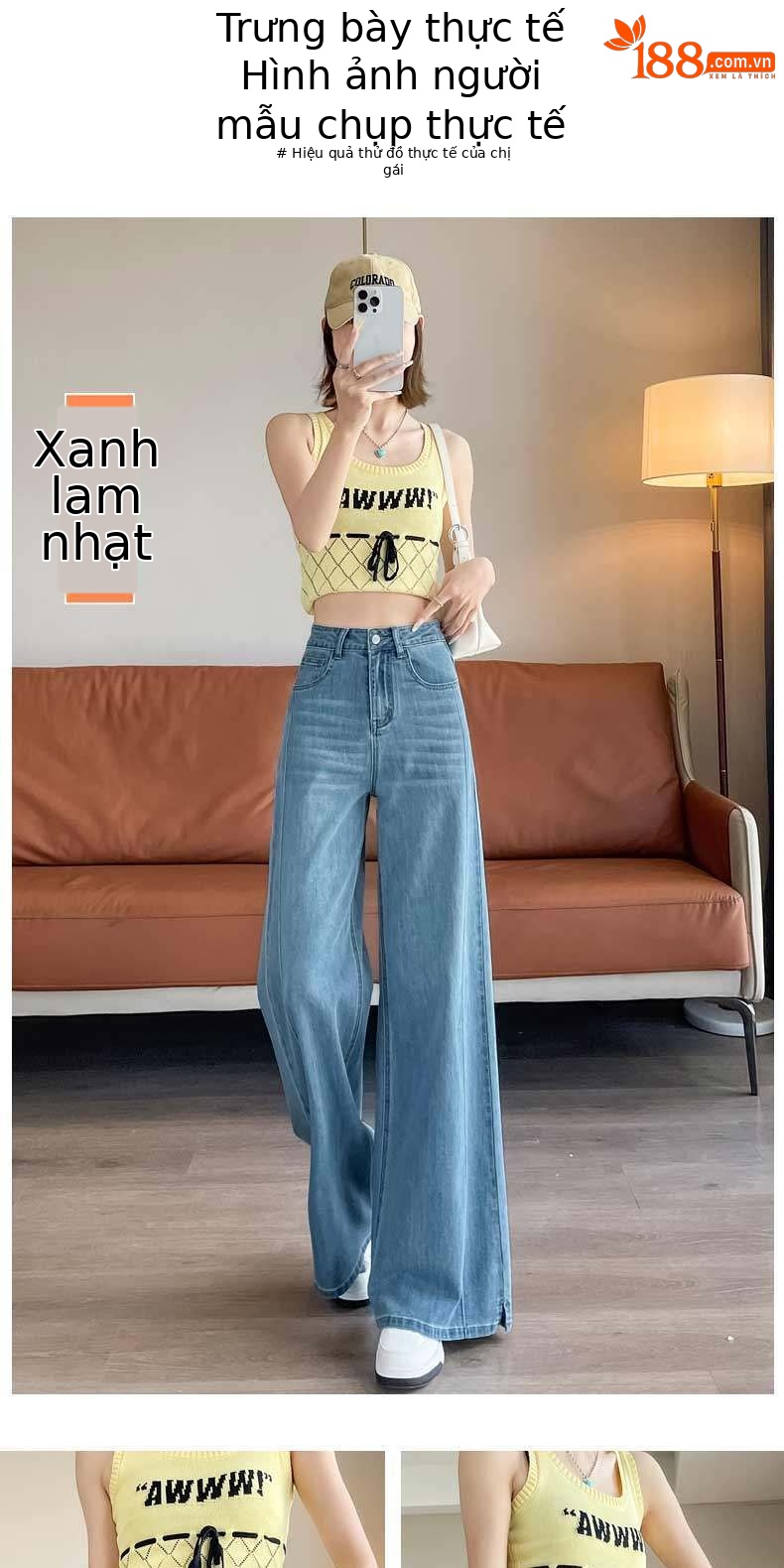Quần jean nữ ống rộng cạp cao co giãn xẻ tà màu xanh nhạt — Màu xanh nhạt - Extended chi tiết 10