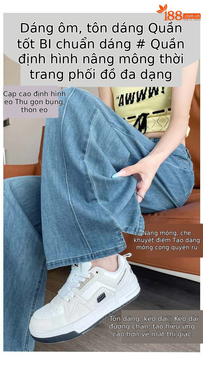 Quần jean nữ ống rộng cạp cao co giãn xẻ tà màu xanh nhạt — Màu xanh nhạt - Extended chi tiết 3