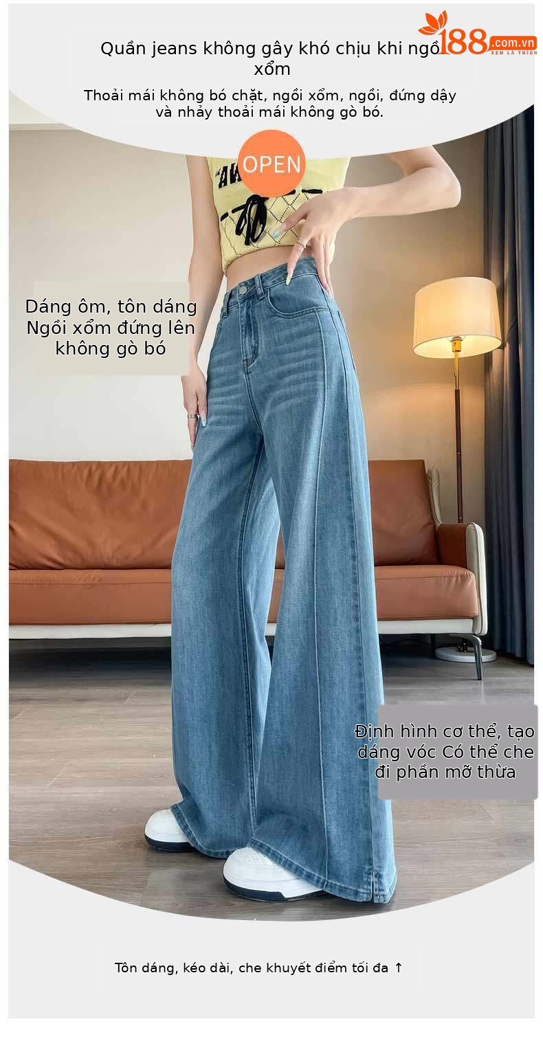 Quần jean nữ ống rộng cạp cao co giãn xẻ tà màu xanh nhạt — Màu xanh nhạt - Extended chi tiết 5