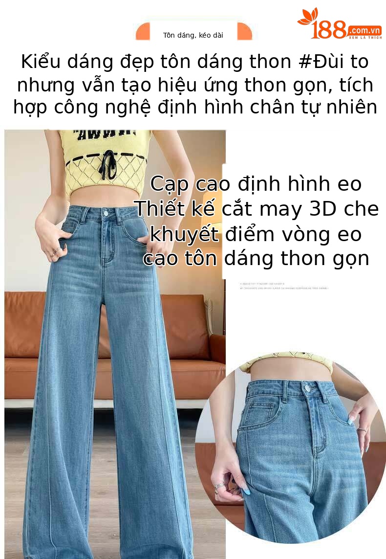 Quần jean nữ ống rộng cạp cao co giãn xẻ tà màu xanh nhạt — Màu xanh nhạt - Extended chi tiết 6