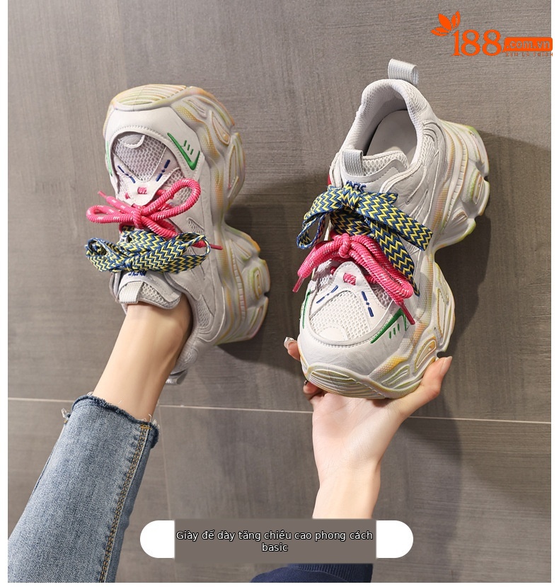 Giày sneaker nữ đế dày tăng chiều cao phong cách dad shoes — xanh lá cây chi tiết 1