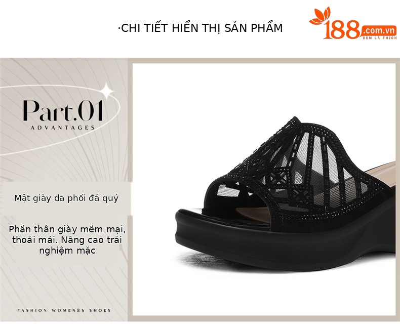 Sandal nữ đế xuồng cao 6 cm, mũi hở, quai ngang đính đá, phong cách thời trang — 6073 Da đen, 6073 Vàng chi tiết 20