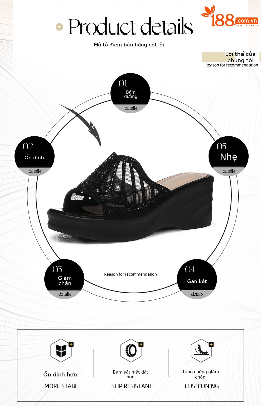Sandal nữ đế xuồng cao 6 cm, mũi hở, quai ngang đính đá, phong cách thời trang — 6073 Da đen, 6073 Vàng chi tiết 2