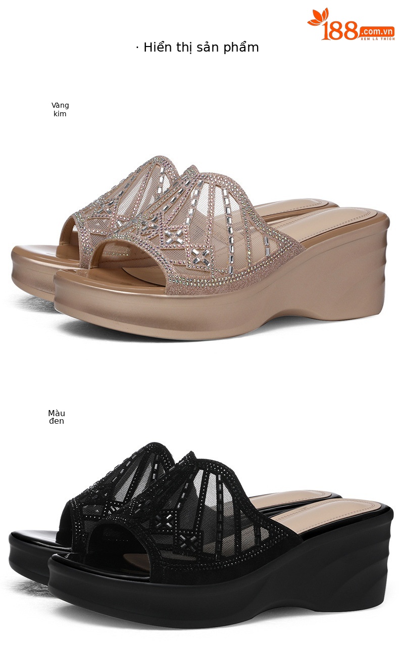 Sandal nữ đế dày 6cm gót nêm mùa hè 2026 phong cách thời trang mẹ — 6073 Da đen, 6073 Vàng chi tiết 23