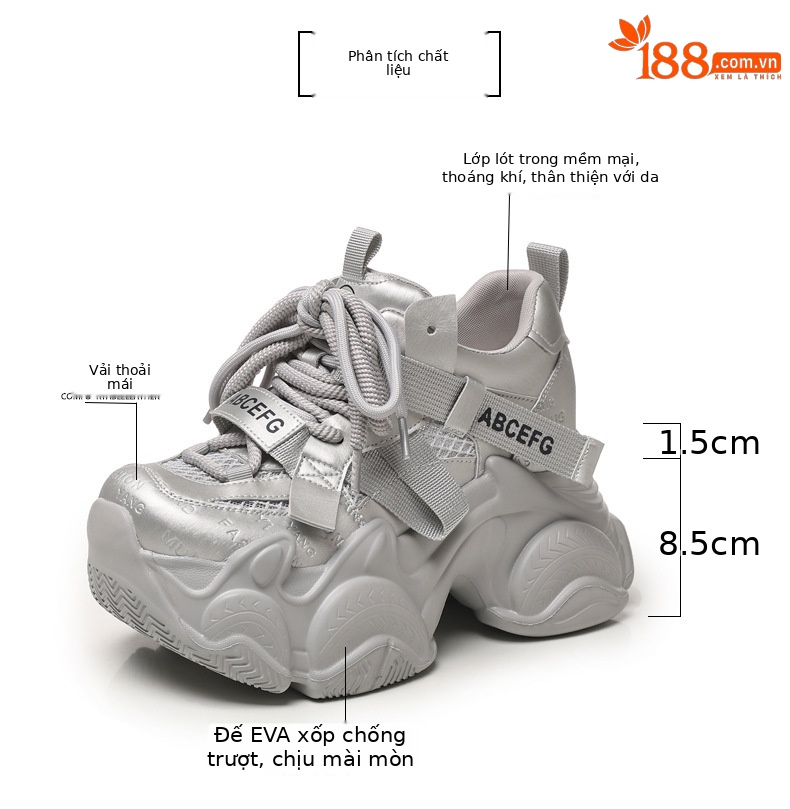 Giày sneaker nữ đế dày tăng chiều cao 10cm phong cách thể thao — màu trắng chi tiết 3