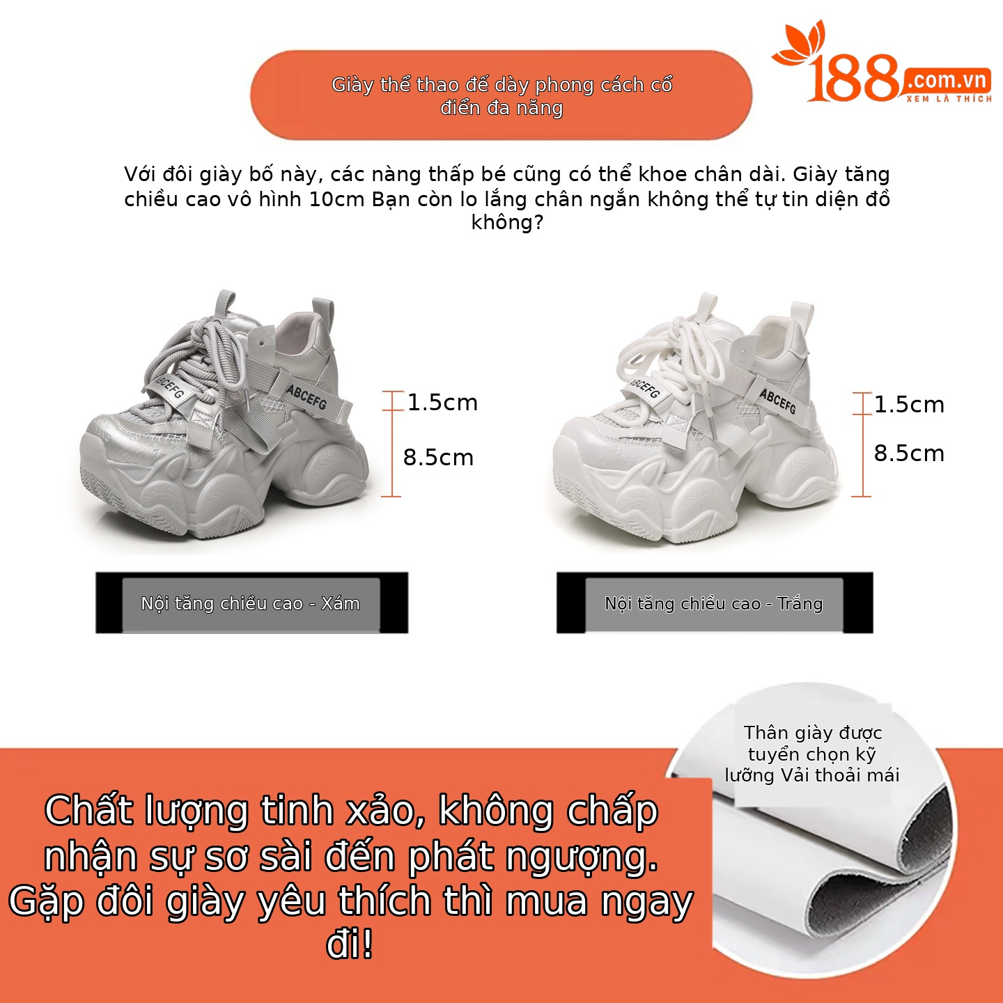 Giày sneaker nữ đế dày tăng chiều cao 10cm phong cách thể thao — màu trắng