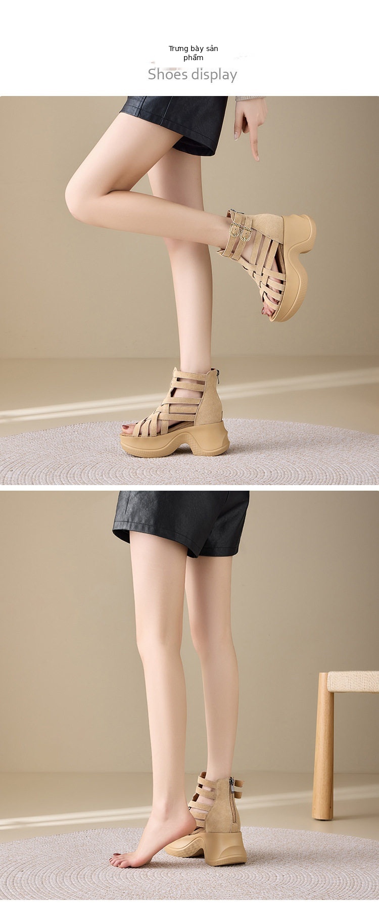 Boot cổ thấp nữ da lộn đế dày 10cm phong cách La Mã — [Màu hồng đào], [Màu đen] chi tiết 2