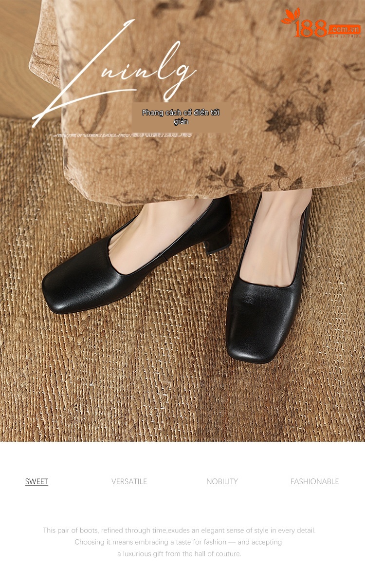Giày nữ gót 4 cm da bò mũi vuông hở mũi kiểu bà già đi làm — màu nâu chi tiết 2