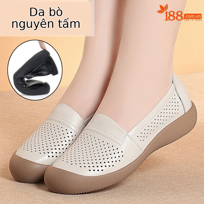 Sandal nữ da bò thật mũi kín hở gót, đế mềm thoáng khí — màu be