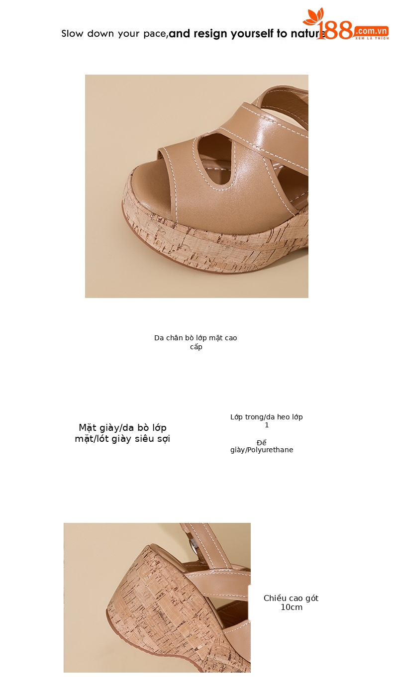 Sandal cao gót nữ hở mũi đế xuồng platform da bò thật quai chéo kiểu La Mã — màu đen, màu nâu nhạt chi tiết 3