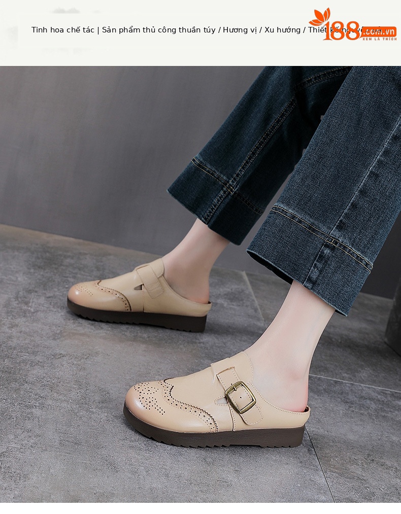 Mule nữ da bò thật mũi nhọn hở gót đế dày phong cách lười — màu mơ chi tiết 1