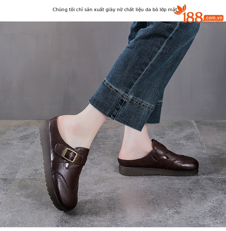 Mule nữ da bò thật mũi nhọn hở gót đế dày phong cách lười — màu mơ chi tiết 2