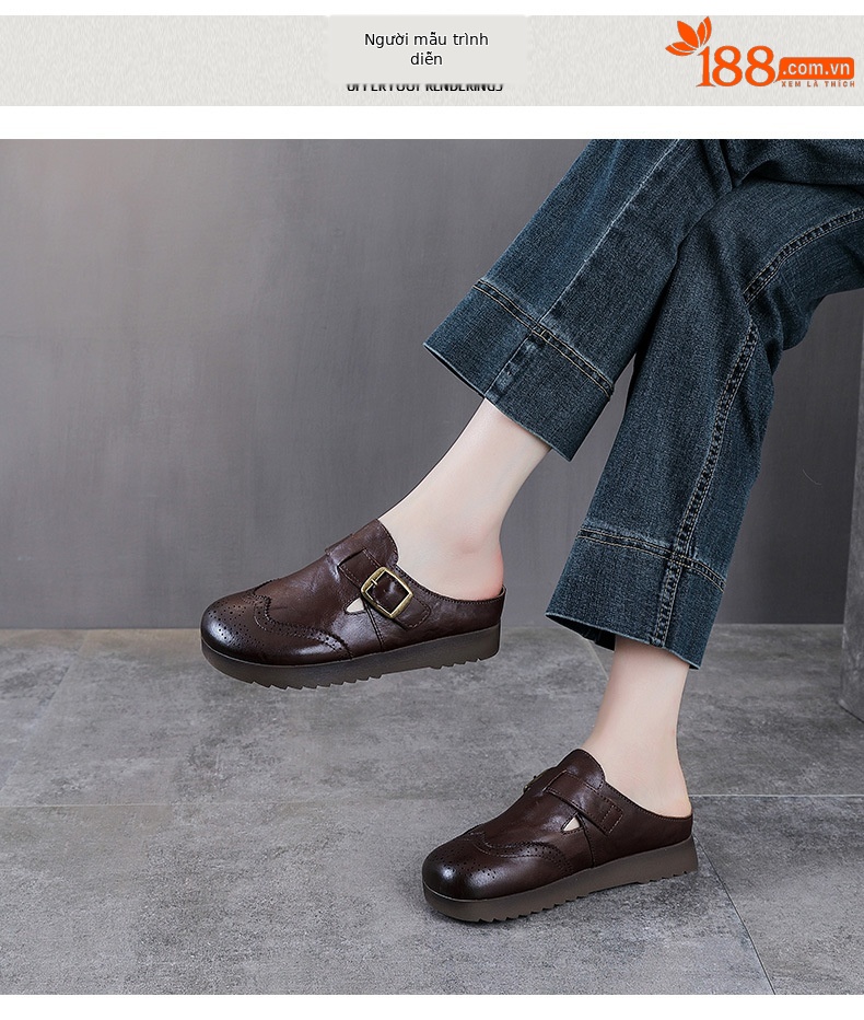 Mule nữ da bò thật mũi nhọn hở gót đế dày phong cách lười — màu mơ chi tiết 9