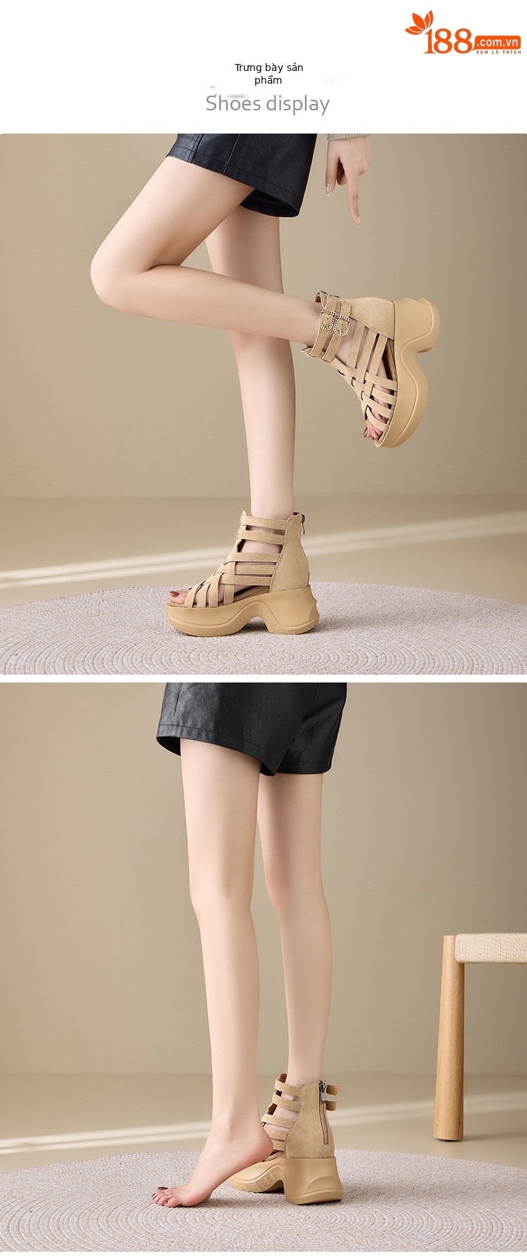 Sandal da bò cổ điển nữ cao cổ quai hậu khóa kéo lỗ thoáng khí — màu đen, màu mơ chi tiết 5