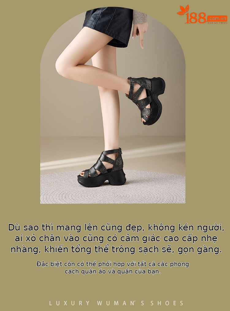 Sandal cao gót nữ đế xuồng hở mũi phong cách La Mã, gót 10 cm — màu đen, Vàng nhạt chi tiết 2