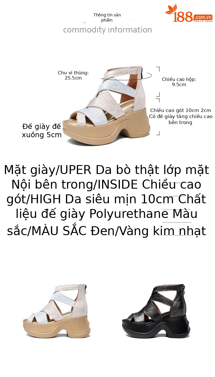 Sandal cao gót nữ đế xuồng hở mũi phong cách La Mã, gót 10 cm — màu đen, Vàng nhạt chi tiết 3