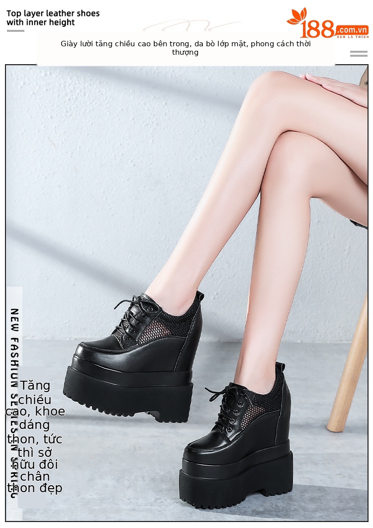 Giày sneaker nữ đế dày tăng chiều cao 16 cm, dây buộc, lưới thoáng khí — màu đen chi tiết 1