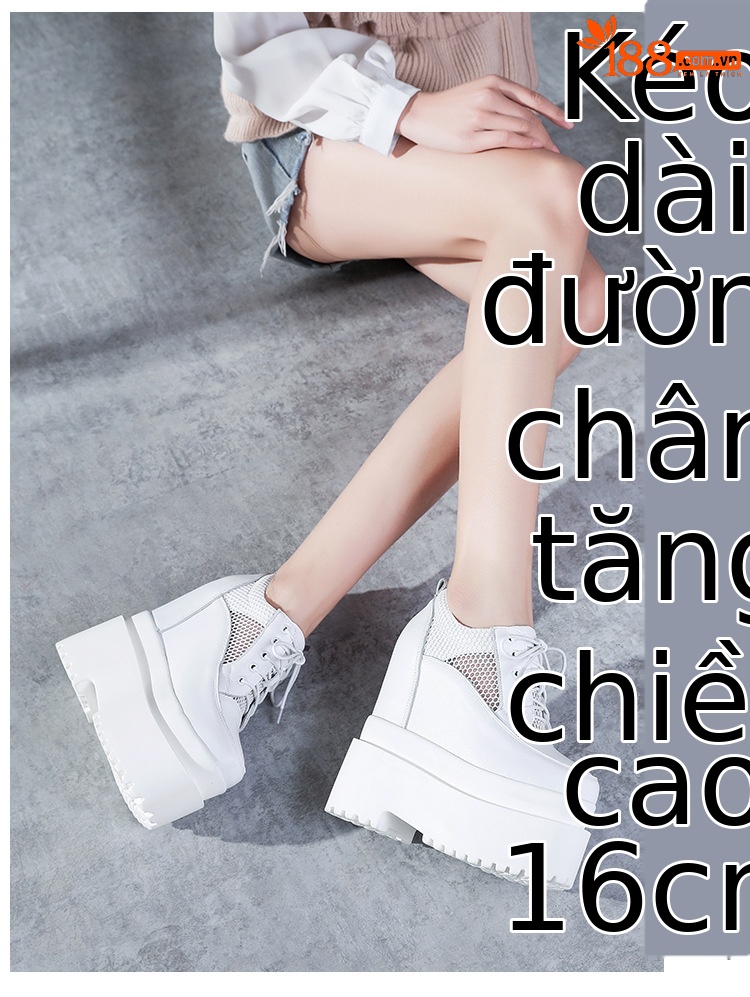 Giày sneaker nữ đế dày tăng chiều cao 16 cm, dây buộc, lưới thoáng khí — màu đen chi tiết 2