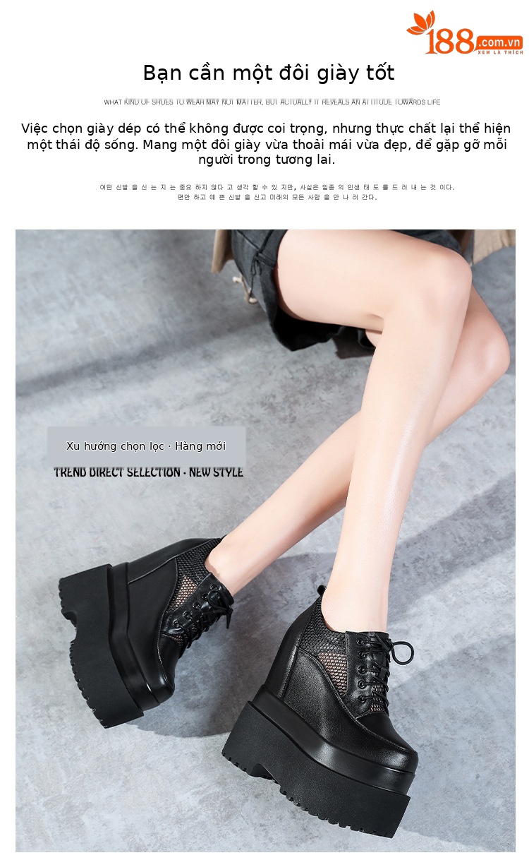 Giày sneaker nữ đế dày tăng chiều cao 16 cm, dây buộc, lưới thoáng khí — màu đen chi tiết 4