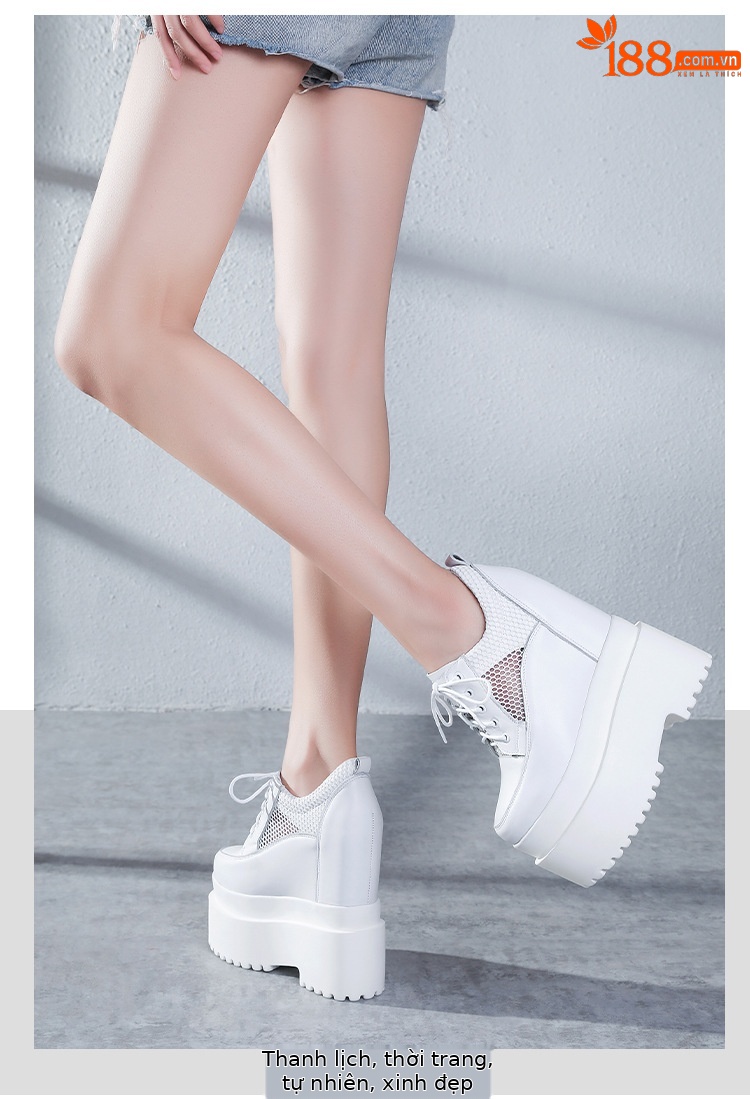 Giày sneaker nữ đế dày tăng chiều cao 16 cm, dây buộc, lưới thoáng khí — màu đen chi tiết 8