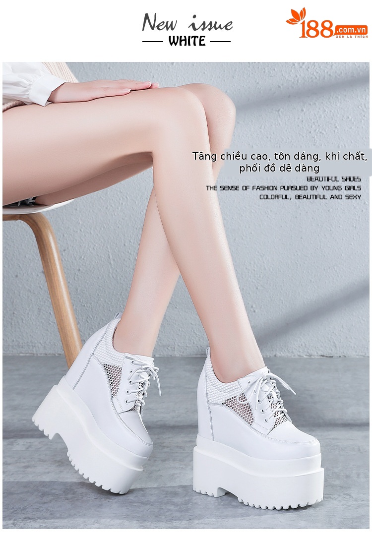 Giày sneaker nữ đế dày tăng chiều cao 16 cm, dây buộc, lưới thoáng khí — màu đen chi tiết 9