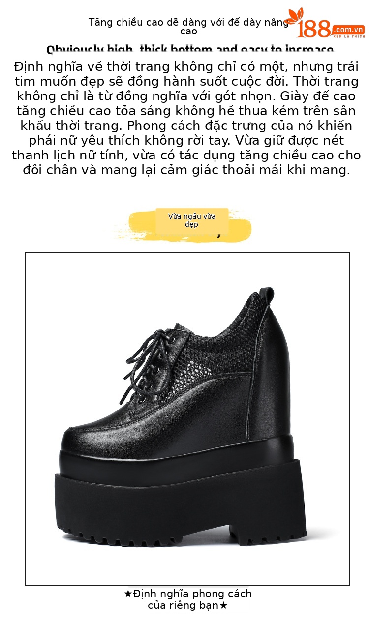 Giày sneaker nữ đế dày tăng chiều cao 16 cm, dây buộc, lưới thoáng khí — màu đen chi tiết 3