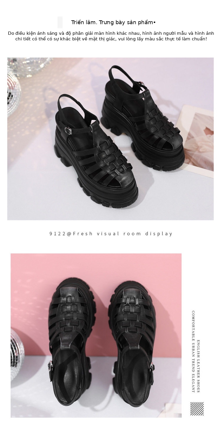 Sandal cao gót nữ mũi tròn bít đế xuồng 12 cm da bò thật phong cách La Mã — [Trắng], [Đen], [Tím hồng] chi tiết 8