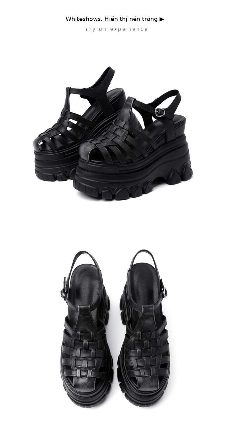Sandal cao gót nữ mũi tròn bít đế xuồng 12 cm da bò thật phong cách La Mã — [Trắng], [Đen], [Tím hồng] chi tiết 11