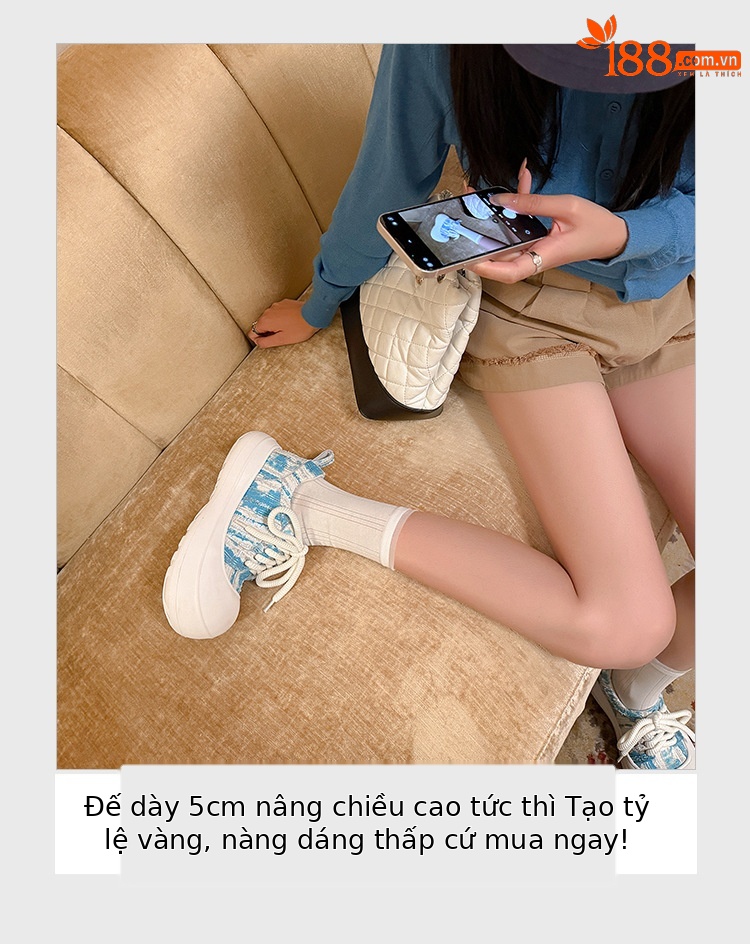 Giày loafer nữ đế xuồng platform 5cm, mũi tròn buộc dây, da thật — xanh lam, màu vàng chi tiết 6