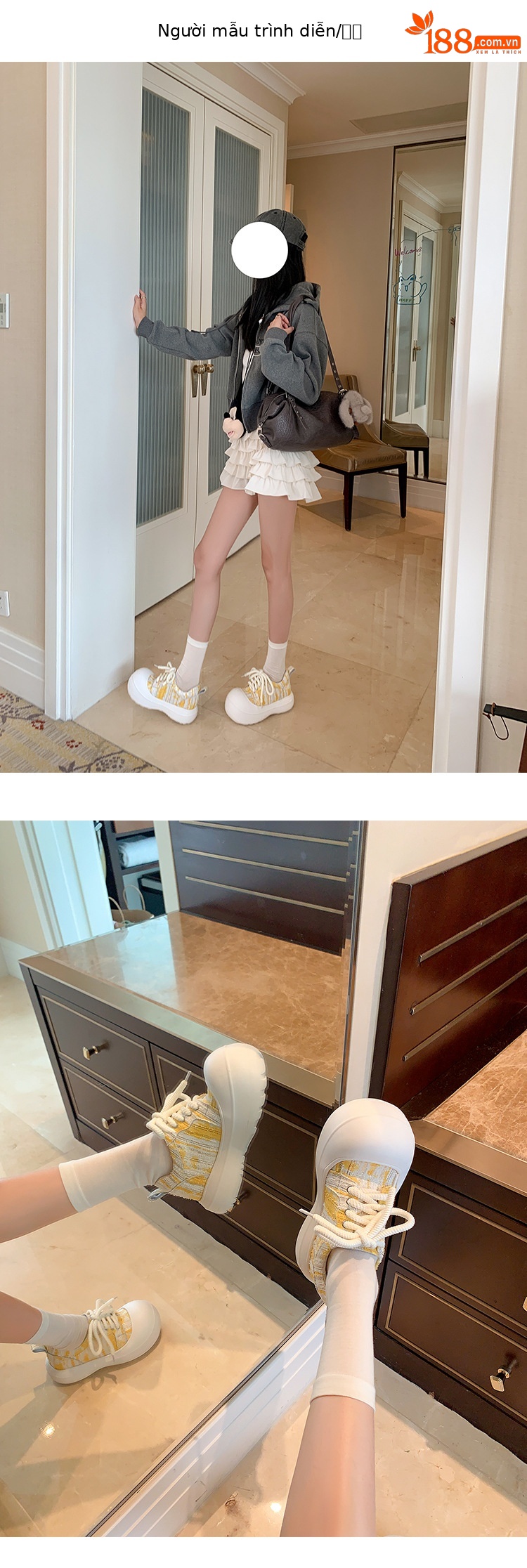Giày loafer nữ đế xuồng platform 5cm, mũi tròn buộc dây, da thật — xanh lam, màu vàng chi tiết 7