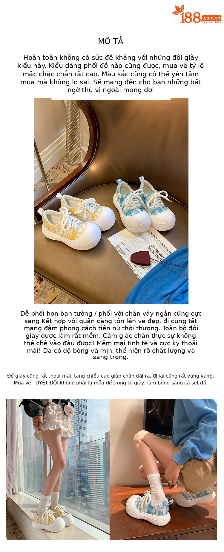 Giày loafer nữ đế xuồng platform 5cm, mũi tròn buộc dây, da thật — xanh lam, màu vàng chi tiết 2