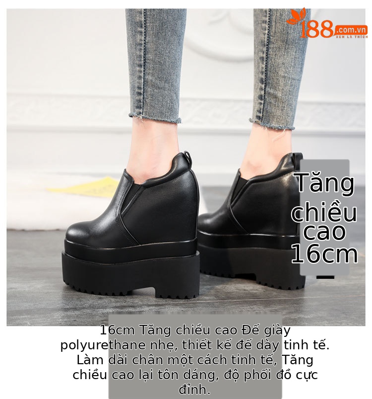 Giày sneaker nữ đế dày 16 cm tăng chiều cao phong cách trắng đơn giản — màu đen chi tiết 2