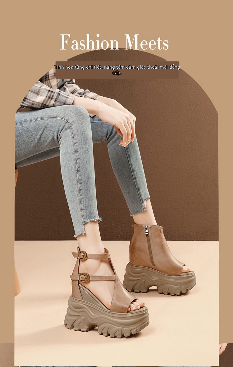 Sandal nữ đế xuồng cao 14 cm quai rộng hở mũi chất da bò — [Đen], [Be] chi tiết 1