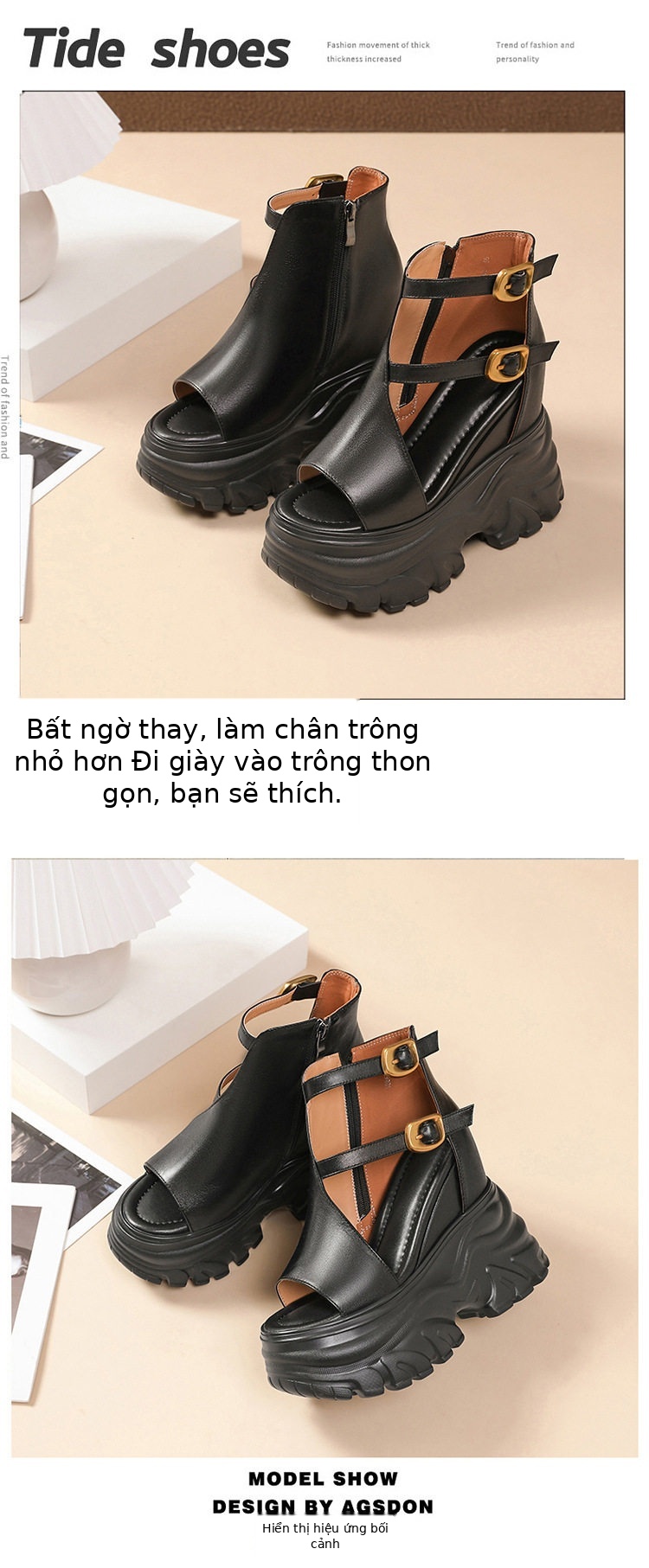 Sandal nữ đế xuồng cao 14 cm quai rộng hở mũi chất da bò — [Đen], [Be] chi tiết 2