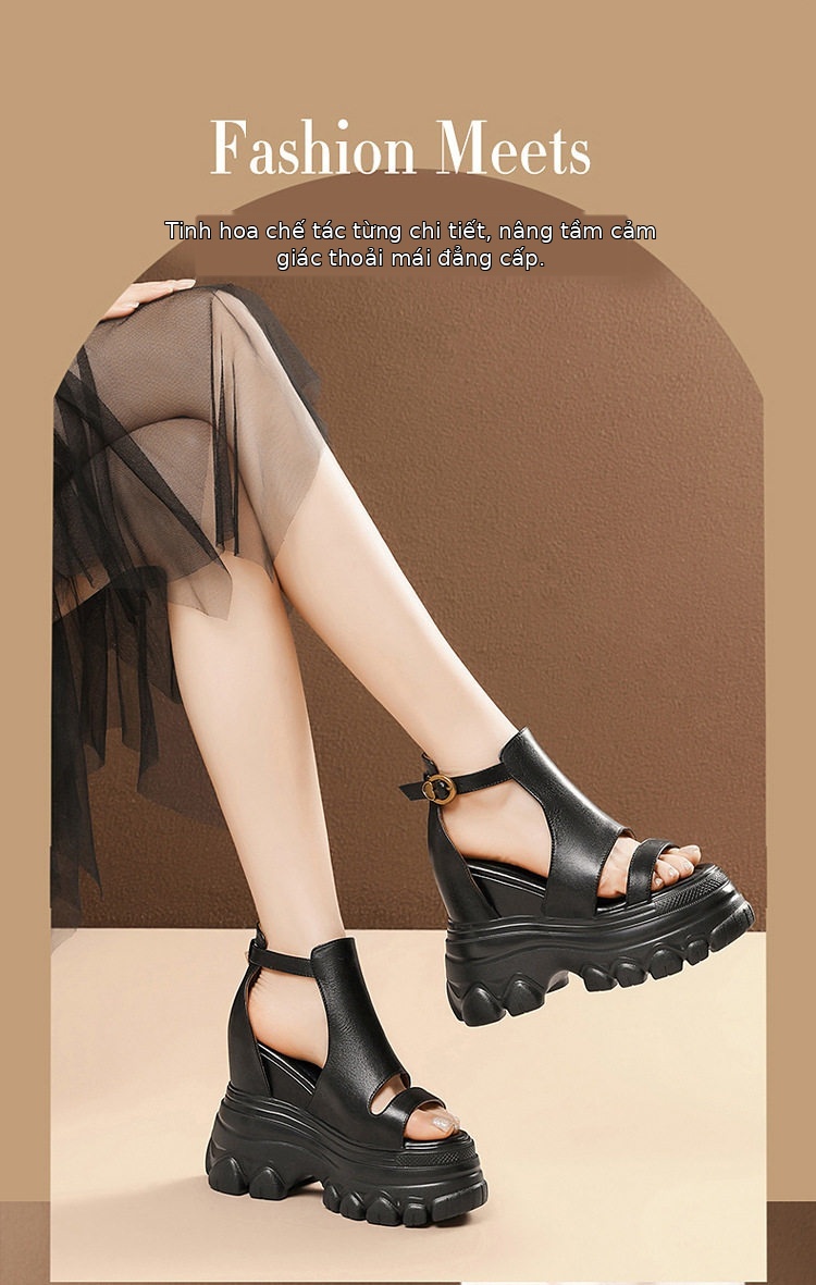 Sandal cao gót nữ hở mũi đế xuồng 14 cm da bò thủ công phong cách vintage — [Đen], [Nâu] chi tiết 1