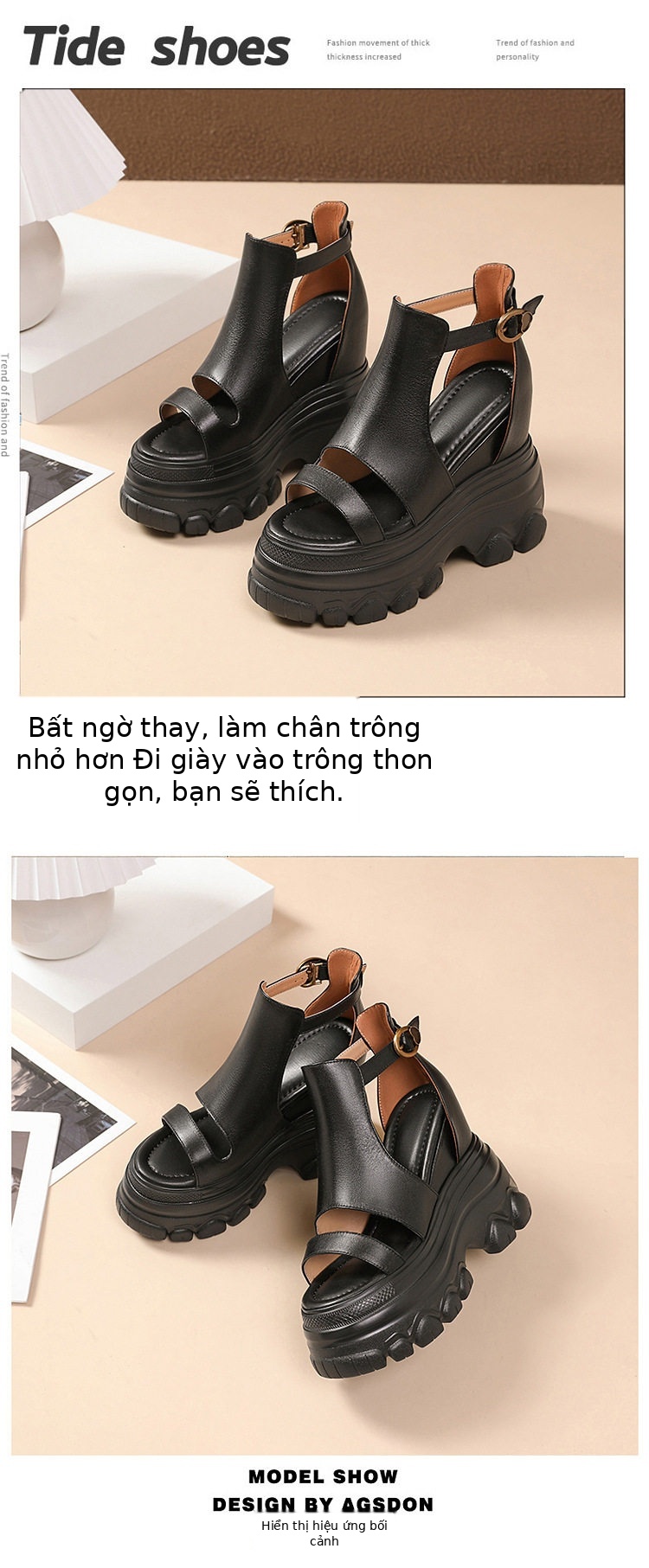 Sandal cao gót nữ hở mũi đế xuồng 14 cm da bò thủ công phong cách vintage — [Đen], [Nâu] chi tiết 2