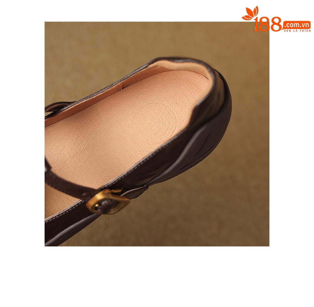 Giày sandal nữ quai ngang mũi nhọn đế dày da cừu buộc dây — màu nâu chi tiết 24