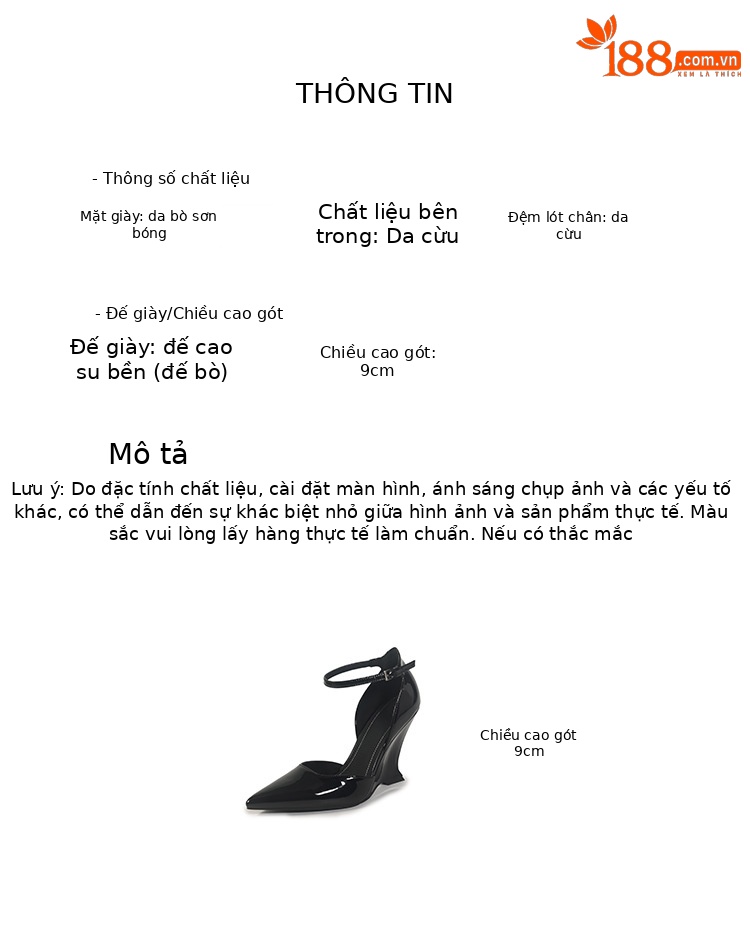 Giày sandal cao gót nữ mũi nhọn quai ngang chất liệu da bò sơn cao cấp, gót xuồng 9 cm — màu đen, màu trắng, màu mơ, màu đỏ chi tiết 4