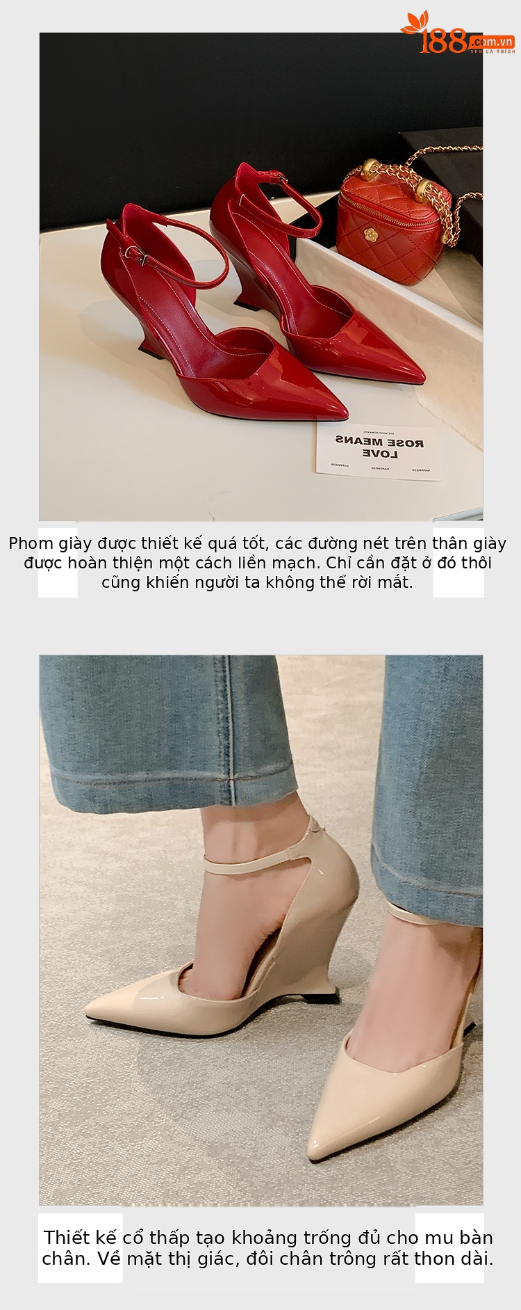 Giày sandal cao gót nữ mũi nhọn quai ngang chất liệu da bò sơn cao cấp, gót xuồng 9 cm — màu đen, màu trắng, màu mơ, màu đỏ chi tiết 6