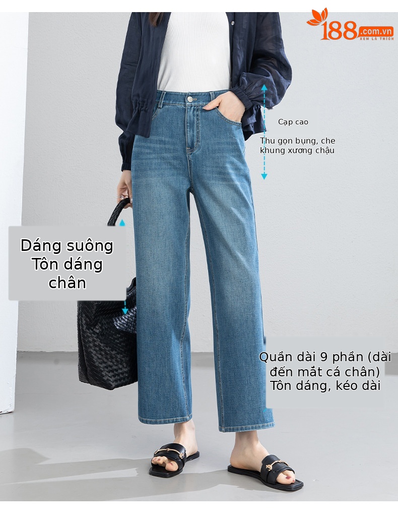 Quần jean nữ ống thẳng 9 phần cạp cao dáng ống khói mỏng nhẹ mùa hè — xanh lam chi tiết 5