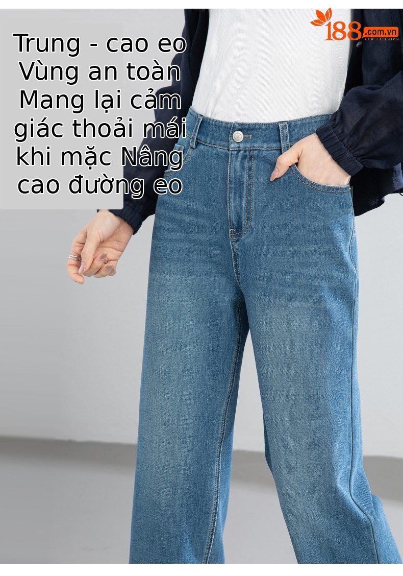 Quần jean nữ ống thẳng 9 phần cạp cao dáng ống khói mỏng nhẹ mùa hè — xanh lam chi tiết 10