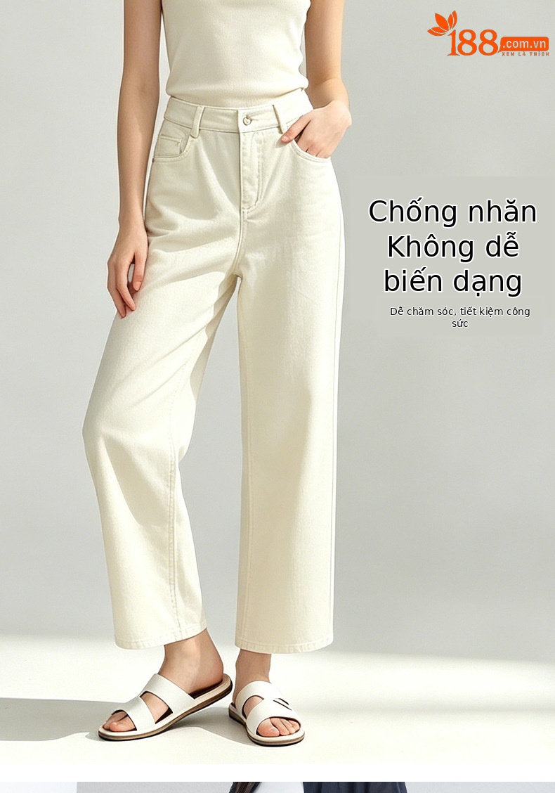Quần jean nữ ống thẳng 9 phần cạp cao dáng ống khói mỏng nhẹ mùa hè — xanh lam chi tiết 11