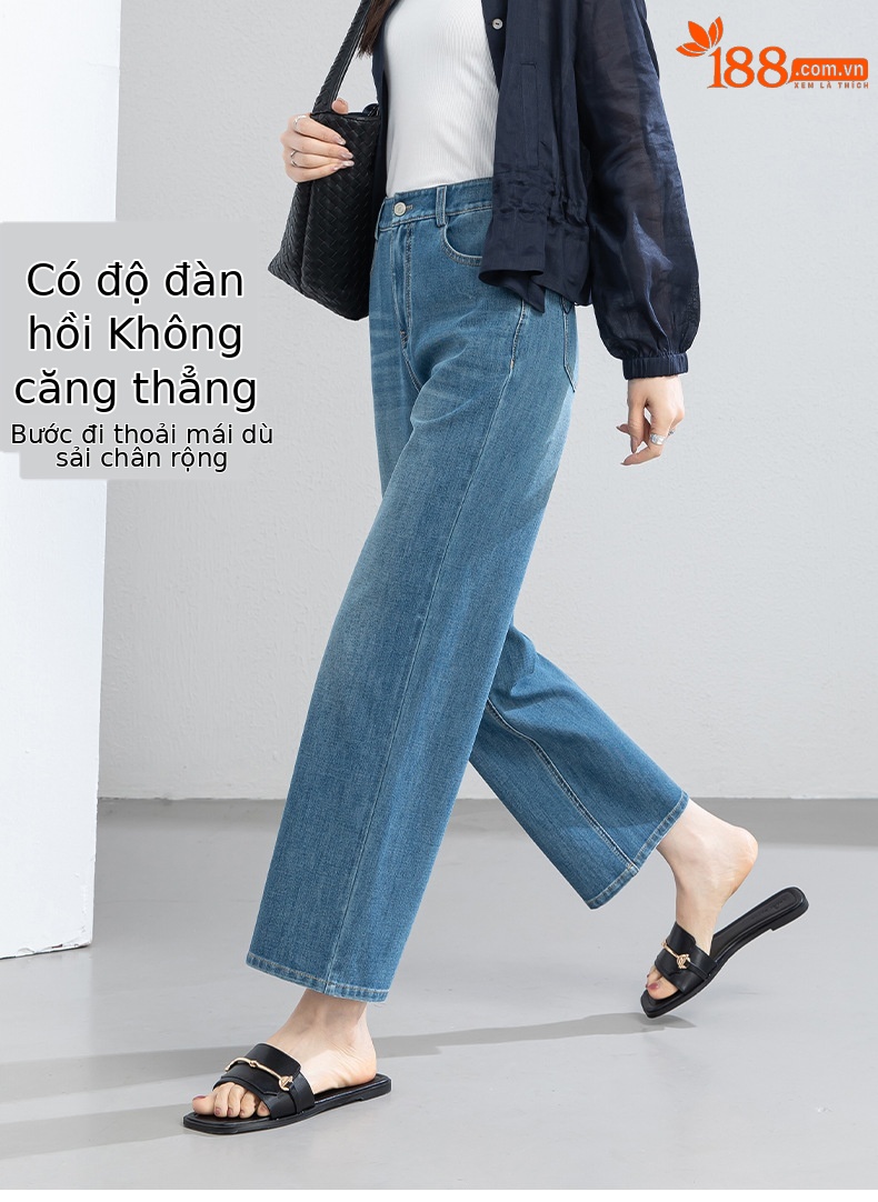 Quần jean nữ ống thẳng 9 phần cạp cao dáng ống khói mỏng nhẹ mùa hè — xanh lam chi tiết 12