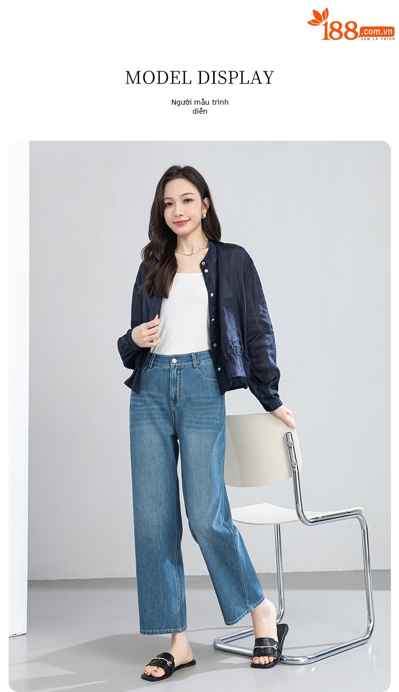 Quần jean nữ ống thẳng 9 phần cạp cao dáng ống khói mỏng nhẹ mùa hè — xanh lam chi tiết 19