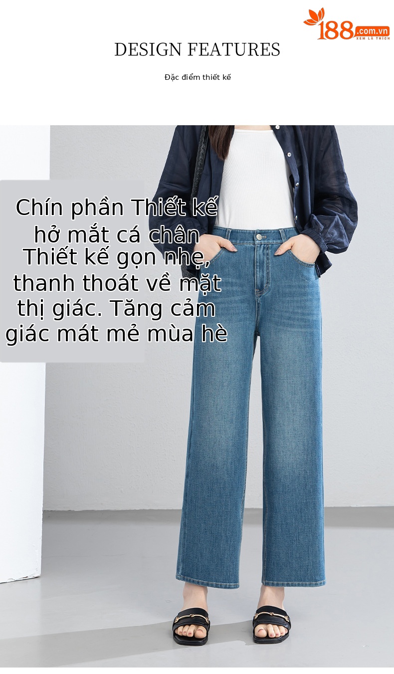 Quần jean nữ ống thẳng 9 phần cạp cao dáng ống khói mỏng nhẹ mùa hè — xanh lam chi tiết 8