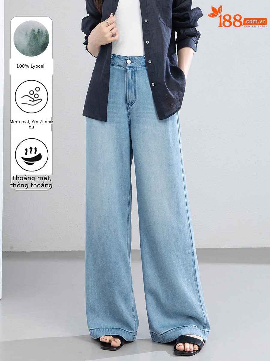 Quần jean ống rộng nữ eo cao dáng suông dài chấm đất chất lụa tencel mỏng mùa hè — Màu xanh - Chiều dài quần thông thường khoảng 103cm
