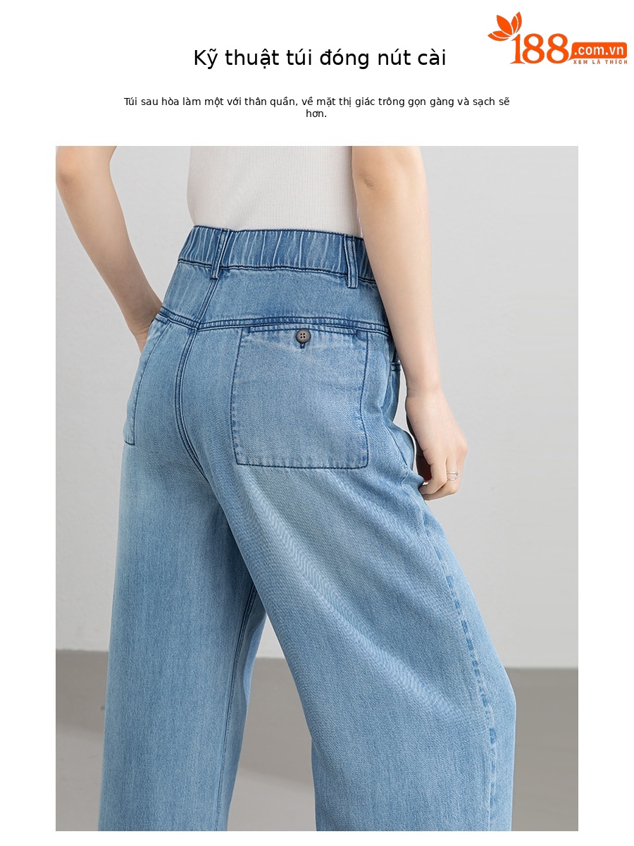 Quần jean ống rộng nữ eo cao dáng suông dài chấm đất chất lụa tencel mỏng mùa hè — Màu xanh - Chiều dài quần thông thường khoảng 103cm