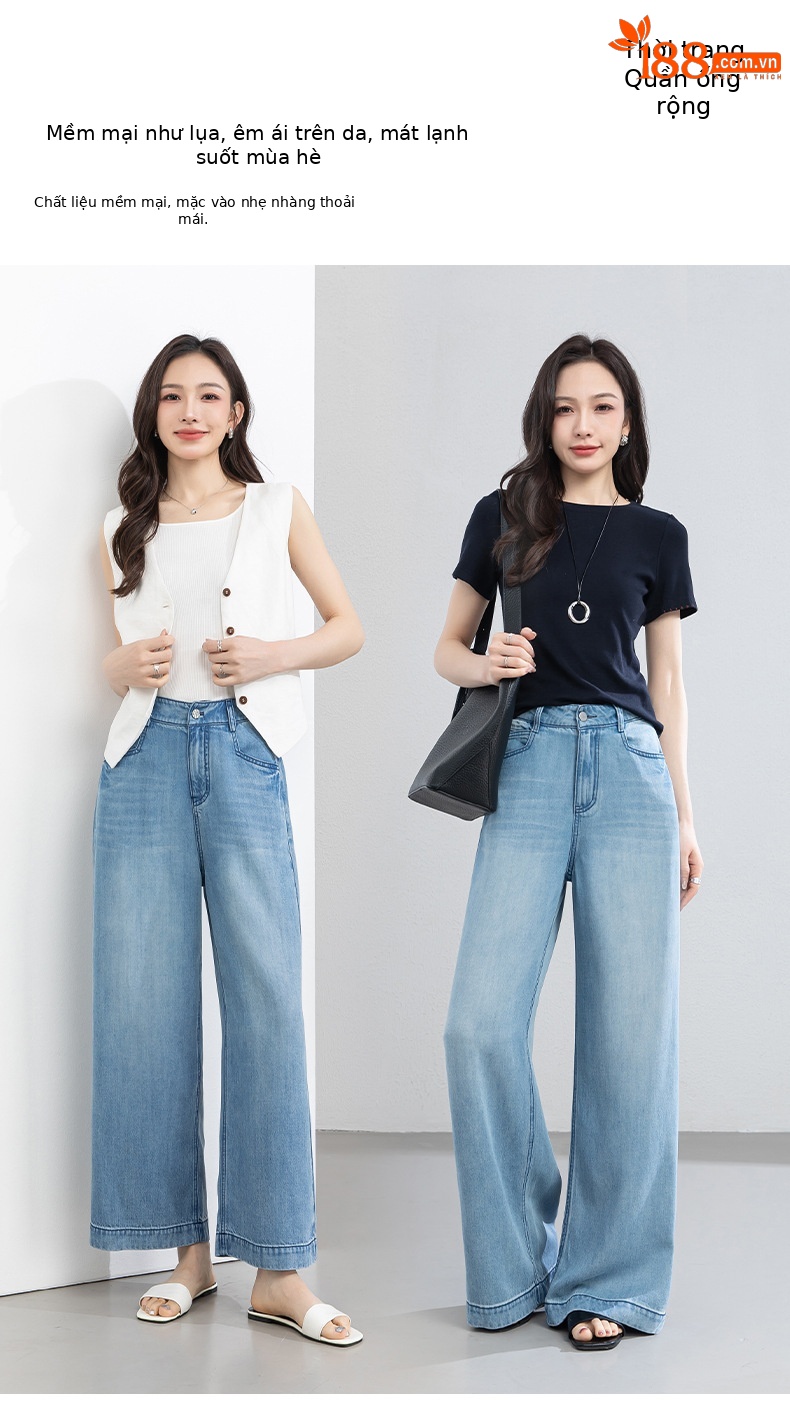 Quần jean ống rộng nữ eo cao dáng suông dài chấm đất chất lụa tencel mỏng mùa hè — Màu xanh - Chiều dài quần thông thường khoảng 103cm chi tiết 1