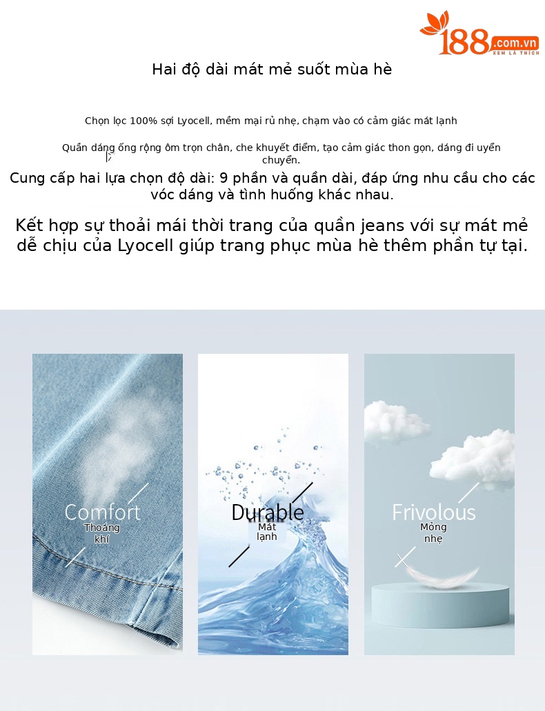 Quần jean ống rộng nữ eo cao dáng suông dài chấm đất chất lụa tencel mỏng mùa hè — Màu xanh - Chiều dài quần thông thường khoảng 103cm chi tiết 2